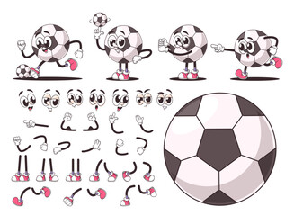 Retro Cartoon Soccer Ball Character Constructor With Various Poses, Facial Expressions, And Body Parts, Vector Set