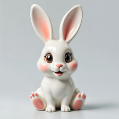 Obraz premium Ceramic cute bunny with long ears ornament in glossy pink and white color, miniature decoration object, table souvenir statue, isolated on a light grey background.