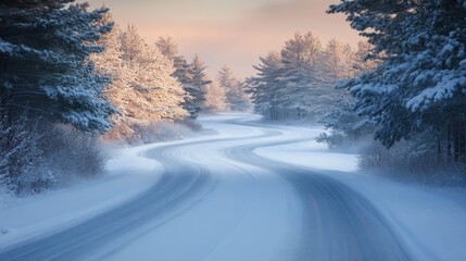 Fototapeta premium A winding snowy road surrounded by frosted trees at dawn in a tranquil winter landscape