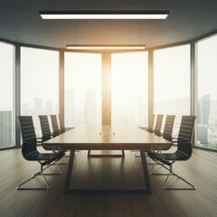 Fototapeta premium A conference room with a wooden table, black chairs, and floor-to-ceiling glass panels, offering a professional yet inviting atmosphere.