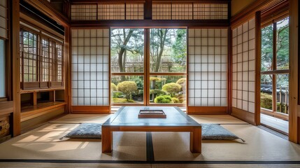 A traditional Japanese room with tatami flooring, a low table, and a view of a serene garden through sliding wooden doors.