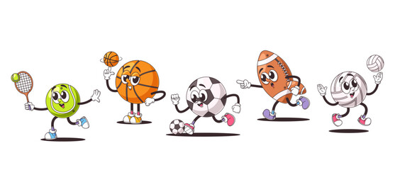 Cartoon Vector Retro Sports Balls With Playful Expressions And Dynamic Poses. Tennis, Basketball, Soccer, Football