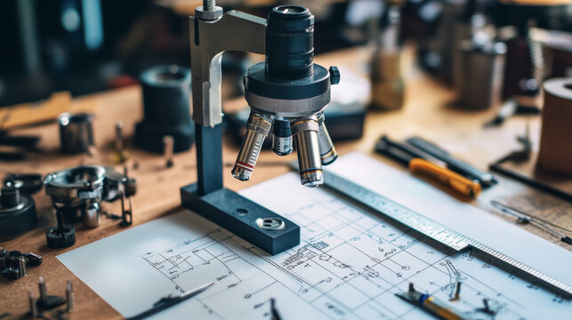 Depict precision tools like calipers, rulers, microscopes, or drafting instruments, symbolizing how specificity is crucial in crafts, construction, and scientific discovery 