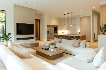 Fototapeta premium Modern Minimalist Living Room with Open Kitchen