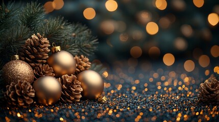 Christmas and New Year holidays background. Christmas tree with golden baubles and lights bokeh background. Space for text. Copy space. Greeting card.