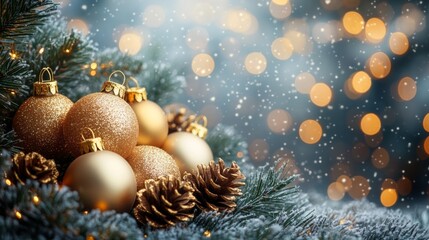Christmas and New Year holidays background. Christmas tree with golden baubles and lights bokeh background. Space for text. Copy space. Greeting card.