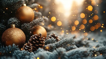 Christmas and New Year holidays background. Christmas tree with golden baubles and lights bokeh background. Space for text. Copy space. Greeting card.