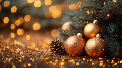 Christmas and New Year holidays background. Christmas tree with golden baubles and lights bokeh background. Space for text. Copy space. Greeting card.