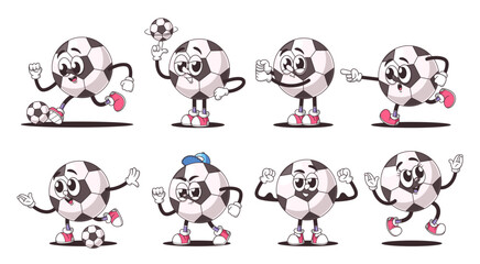 Collection Of Retro Cartoon Soccer Ball Characters With Unique Expressions And Dynamic Poses Celebrating Sportsmanship