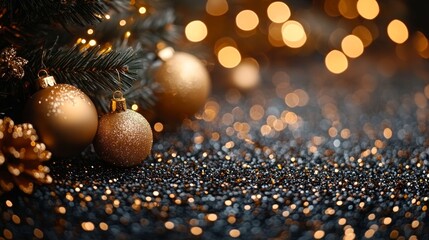 Christmas and New Year holidays background. Christmas tree with golden baubles and lights bokeh background. Space for text. Copy space. Greeting card.