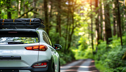 Fototapeta premium EV electric car driving in a nature forest, copy space. Ecological vehicle, sustainable transportation, green energy background