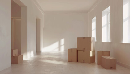 Unpacked boxes, moving in, new home, copy space. Buying first property, moving out, starting new life background wallpaper