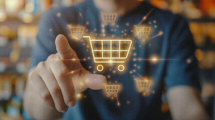 Online shopping concept. Shopping service on online application offer home delivery. Businessman touching buy now button on virtual screen