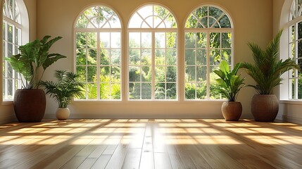 Sunlight streaming through large arched windows in an empty room with potted plants