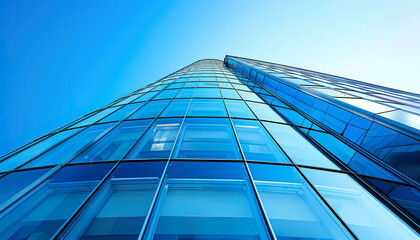 Fototapeta premium Modern skyscraper office business architecture, blue windows background with copy space. Startup, high rise building wallpaper backdrop