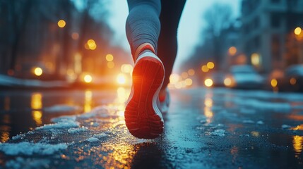 Runner on Wet Urban Street at Dusk with Glowing City Lights