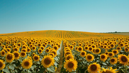 Obraz premium Sunflower fields in Ukraine, agriculture background with blue sky and copy space