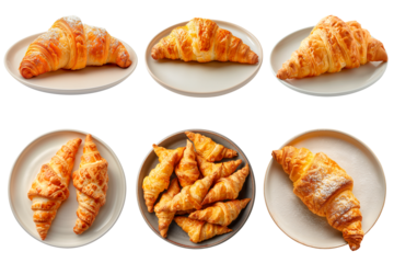 Croissant cornetto isolated on white or transparent background. Croissant cornetto in a white plate close-up. Top view. Traditional Italian breakfast.