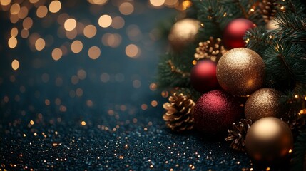 Christmas and New Year holidays background. Christmas tree with golden baubles and lights bokeh background. Space for text. Copy space. Greeting card. Artistic blur