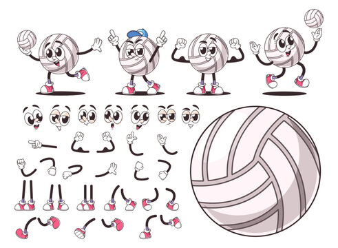 Retro Cartoon Volleyball Ball Character Constructor Featuring Various Expressions And Poses Interchangeable Eyes, Arms