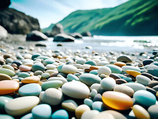 Obraz premium Vibrant, smooth pebbles of various colors lie on a scenic beach by the ocean. The sunny landscape and calm waters create a serene atmosphere.