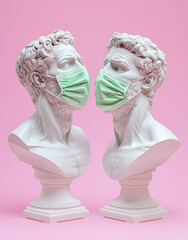 Classical ancient statues in green protective medical masks isolated on pastel pink background. Minimal concept of merging history with contemporary health risks, coronavirus epidemic or pandemic.