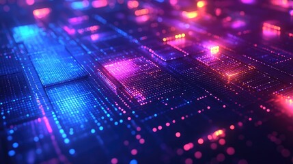 Obraz premium Futuristic Neon Technology Background with Abstract Digital Grid and Glowing Lights