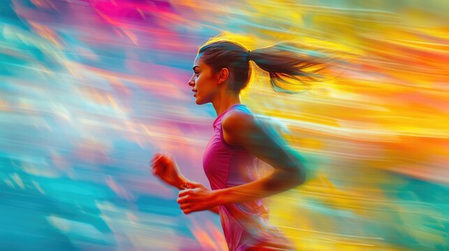 Vibrant Portrait of a Woman Running with Dynamic Colorful Background - Powered by Adobe