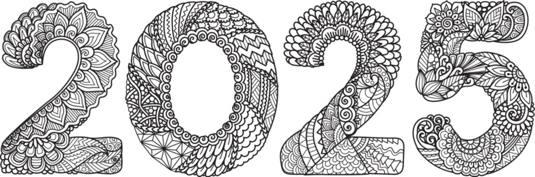 Drawing mandala zentangle 2025 for adult coloring page or design element. Vector illustration.