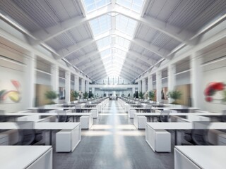Obraz premium Large, open office space with high ceiling and natural light from the ceiling windows. White desks are in rows. The blurred background shows plants and artwork. Depth of field done intentionally.