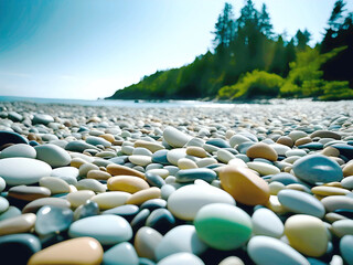 Obraz premium Vibrant, smooth pebbles of various colors lie on a scenic beach by the ocean. The sunny landscape and calm waters create a serene atmosphere.