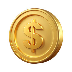 3D gold coin with '$' symbol, financial concept, floating on transparent background