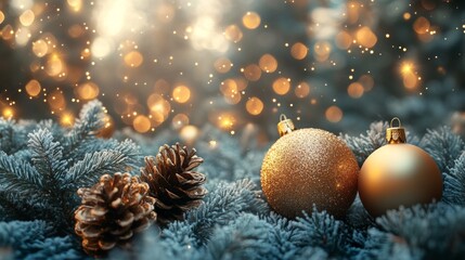 Christmas and New Year holidays background. Christmas tree with golden baubles and lights bokeh background. Space for text. Copy space. Greeting card.