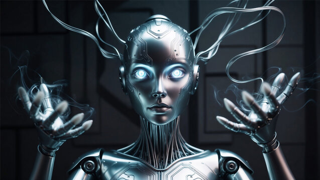 A futuristic female robot with glowing blue eyes and open 6 fingers hands, stands in a dark, metallic setting. Advanced, otherworldly atmosphere, blending technology and elegance. AI, technology.