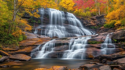 Obraz premium A cascading waterfall surrounded by vibrant autumn foliage.