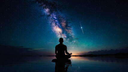 Fototapeta premium A peaceful silhouette meditates by a calm lake under a stunning starry night sky, with the Milky Way glowing brightly above.