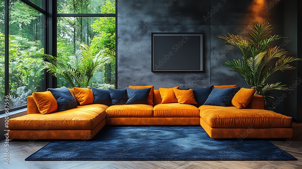 Canvas Prints Modern living room interior design with orange sectional sofa and blue rug, large window with green tropical plants