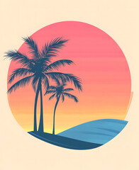 Fototapeta premium Minimalist Tropical Sunset with Palm Trees and Island Silhouette