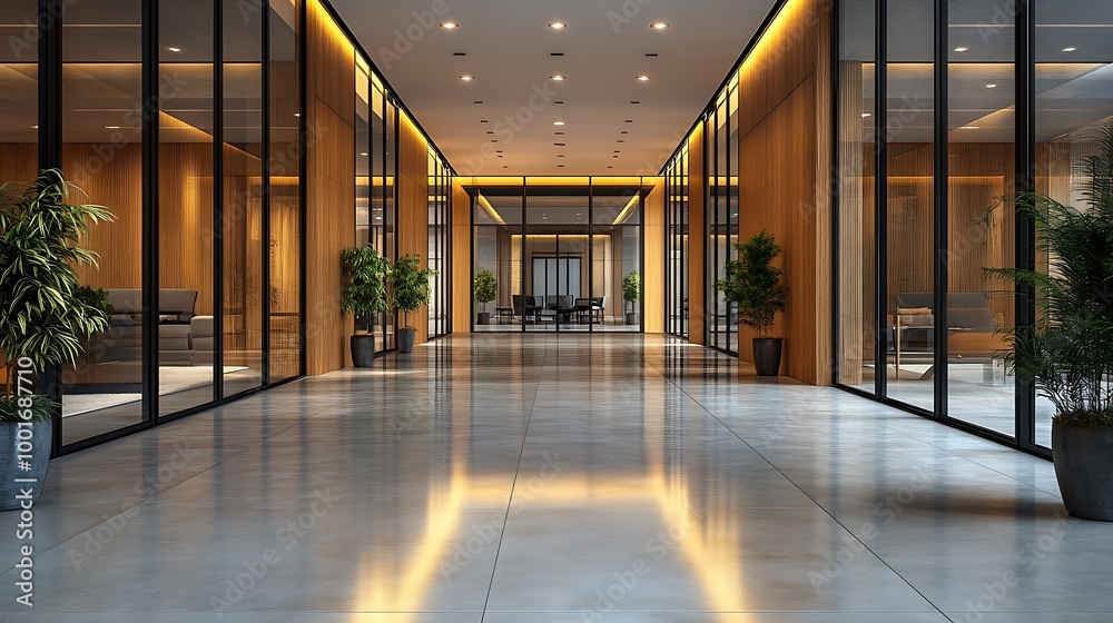 Poster Modern office hallway with glass walls and wooden accents. Business interior design.