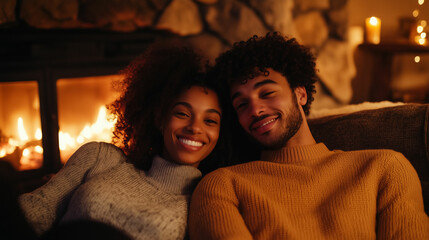 A joyful mixed-race couple relaxes by the fireplace on a cozy evening at home