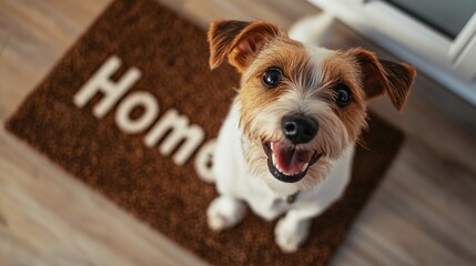 Fototapeta na wymiar Happy Jack Russell Terrier sitting on a welcome home mat in a cozy wooden floor entryway, funny cute dog waiting and welcoming its master at home, top view