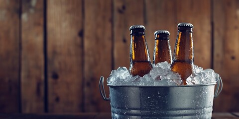 Chilled beer bottles in an ice-filled metal bucket against rustic wooden backdrop, with copy space