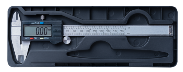 Electronic caliper in case on isolated background.