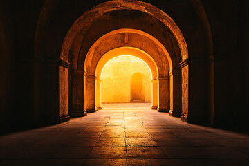 Fototapeta premium A golden glowing hallway with arched doorways illuminated by warm light creates a mysterious and inviting atmosphere 
