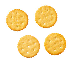 Crackers isolated. Round crackers isolated on white background, top view.