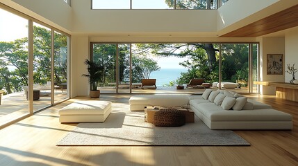 Fototapeta premium Modern living room interior design with large windows overlooking ocean and green trees
