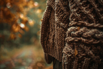 Obraz premium Close perspective of a hanging knit sweater focusing on the lush texture and warm earthy tones
