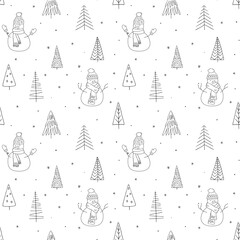Winter Doodle Seamless Pattern with Snowman and Christmas Tree. Kids Outdoor Fun. Happy Winter Holiday season. Outline sketch Black and white Background. Frosty Cute Snow man Character
