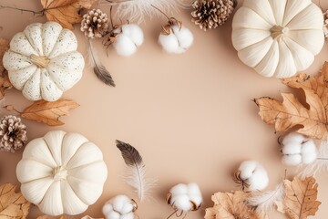 Autumn flat lay featuring handmade plaster pumpkins, cotton flowers, and feathers arranged on a soft beige background for seasonal decor inspiration