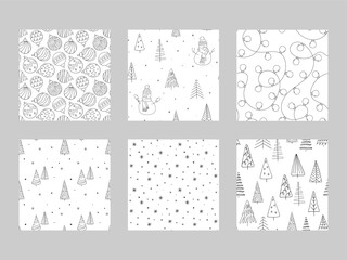 Set of Doodle winter patterns. Black and white outline sketch Backgrounds. Christmas holidays hand drawn illustration. Snowflakes snowman Christmas tree lights bubbles doodles